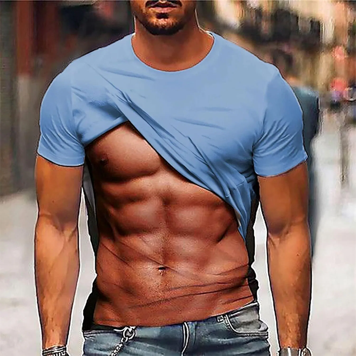 Футболка с графическим принтом Funny Muscle, бренд Generic, светло-голубой — фото 2