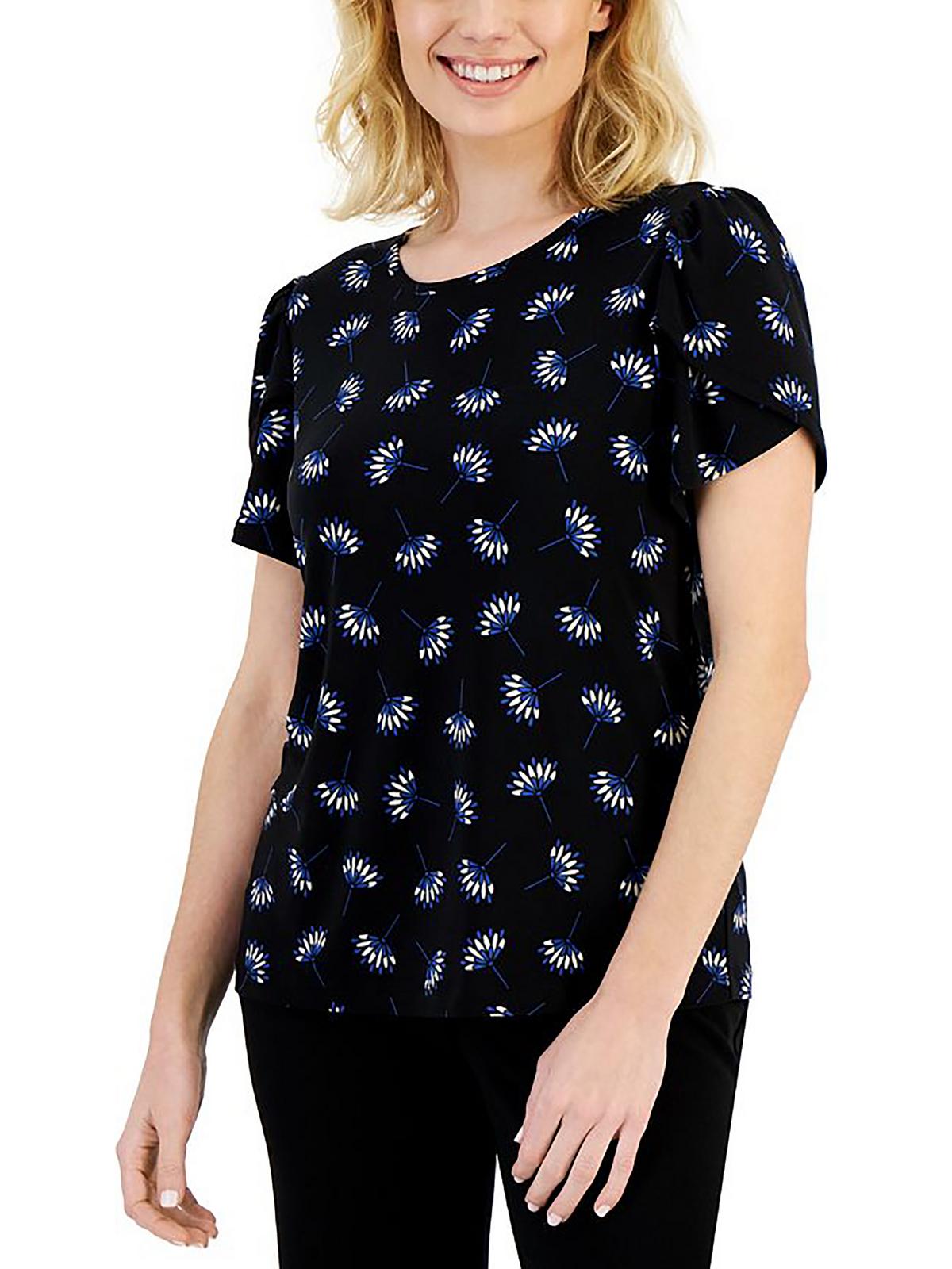 

Petites Женский круглый вырез с цветочным принтом Пуловер Топ Anne Klein, цвет black marine/blue multi
