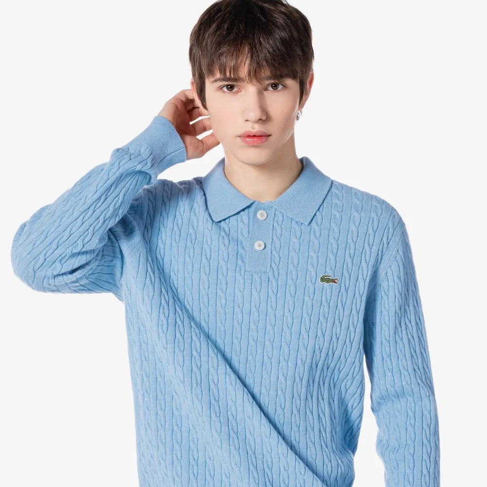 Мужской вязаный джемпер поло с косами синий от Lacoste — фото 3