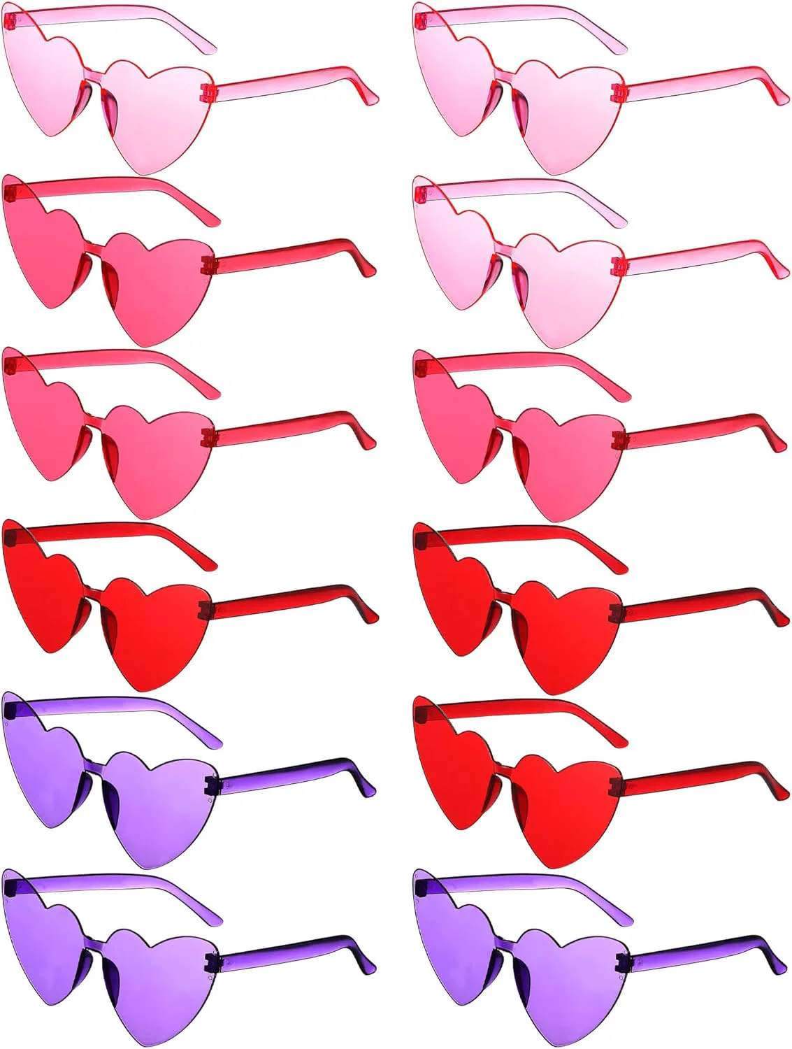 

Солнцезащитные очки LEIFIDE в форме сердца, 12 пар, безрамочные, прозрачные (красные, розовые, фиолетовые, розово-красные). Для вечеринки на День святого Валентина