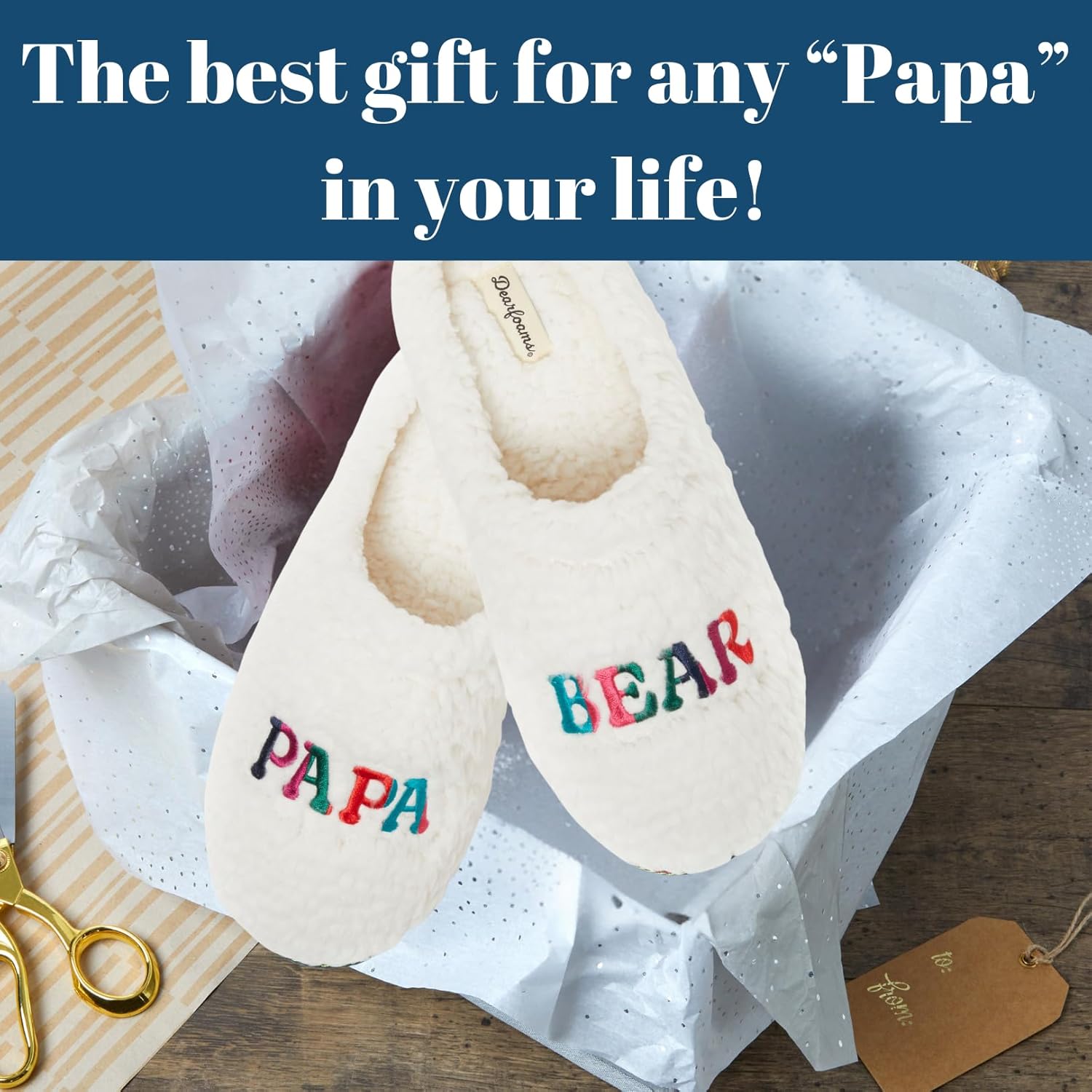 Мужские тапочки Dearfoams Matching Family Holiday Papa Bear с вышивкой, отделка шерпой, модель Moc Toe, белый — фото 3