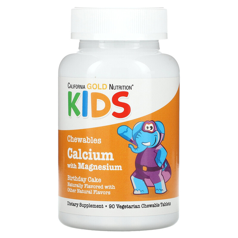 

California Gold Nutrition, жевательные таблетки с кальцием и магнием для детей, со вкусом торта, 90 вегетарианских таблеток
