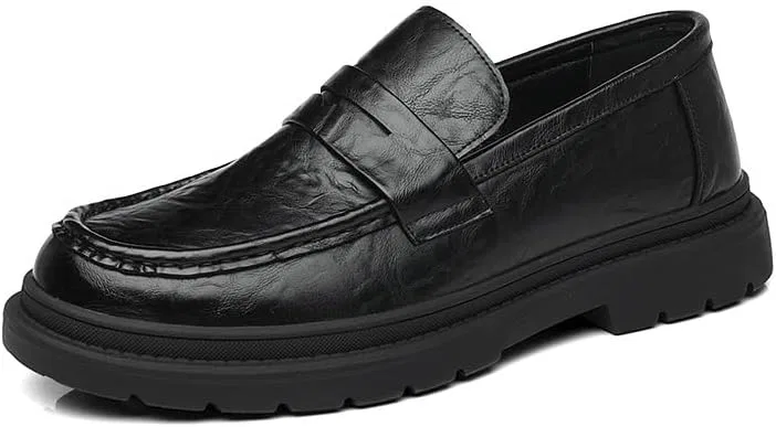Лоферы кожаные с текстурой, Men’s Fall Business Casual Slip-on Shoes Trendy Leather Loafers, Black SDKOLPBNMZX