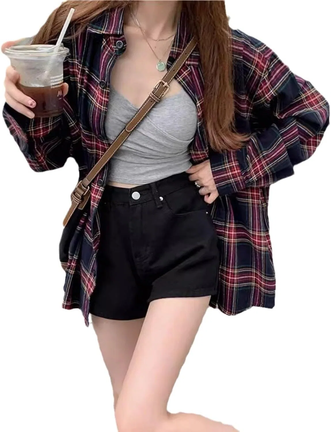 Блуза с пледовым принтом, длинная, Plaid Long Shirt, бордовый