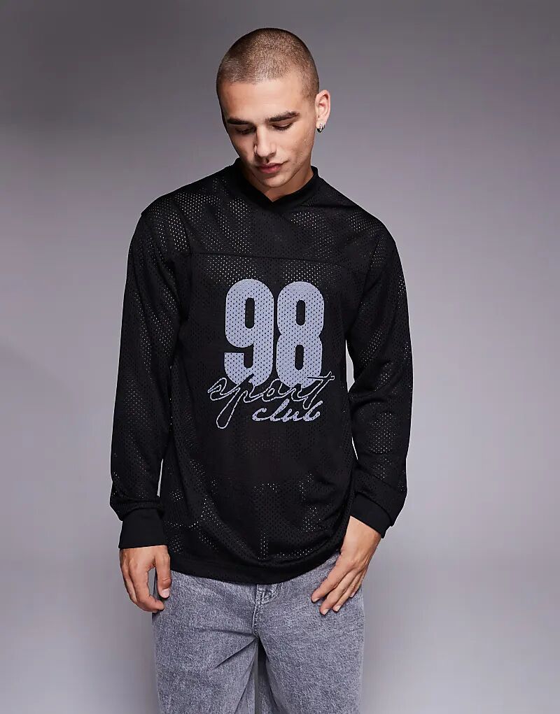 

Футболка свободного кроя с длинными рукавами и спортивной графикой от ASOS DESIGN из стираного черного материала Airtex