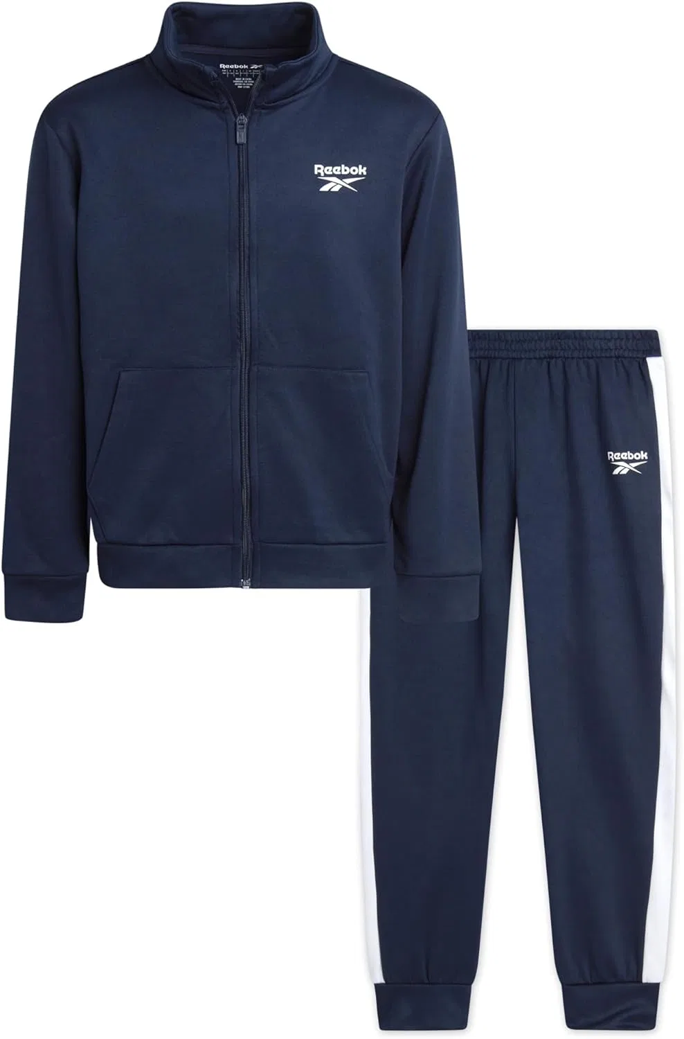 Детский спортивный костюм Reebok для мальчиков - комплект из двух предметов: спортивные трикотажные джоггеры, куртка на молнии с флисовой подкладкой и спортивные штаны для активного отдыха, Vector Navy Blue