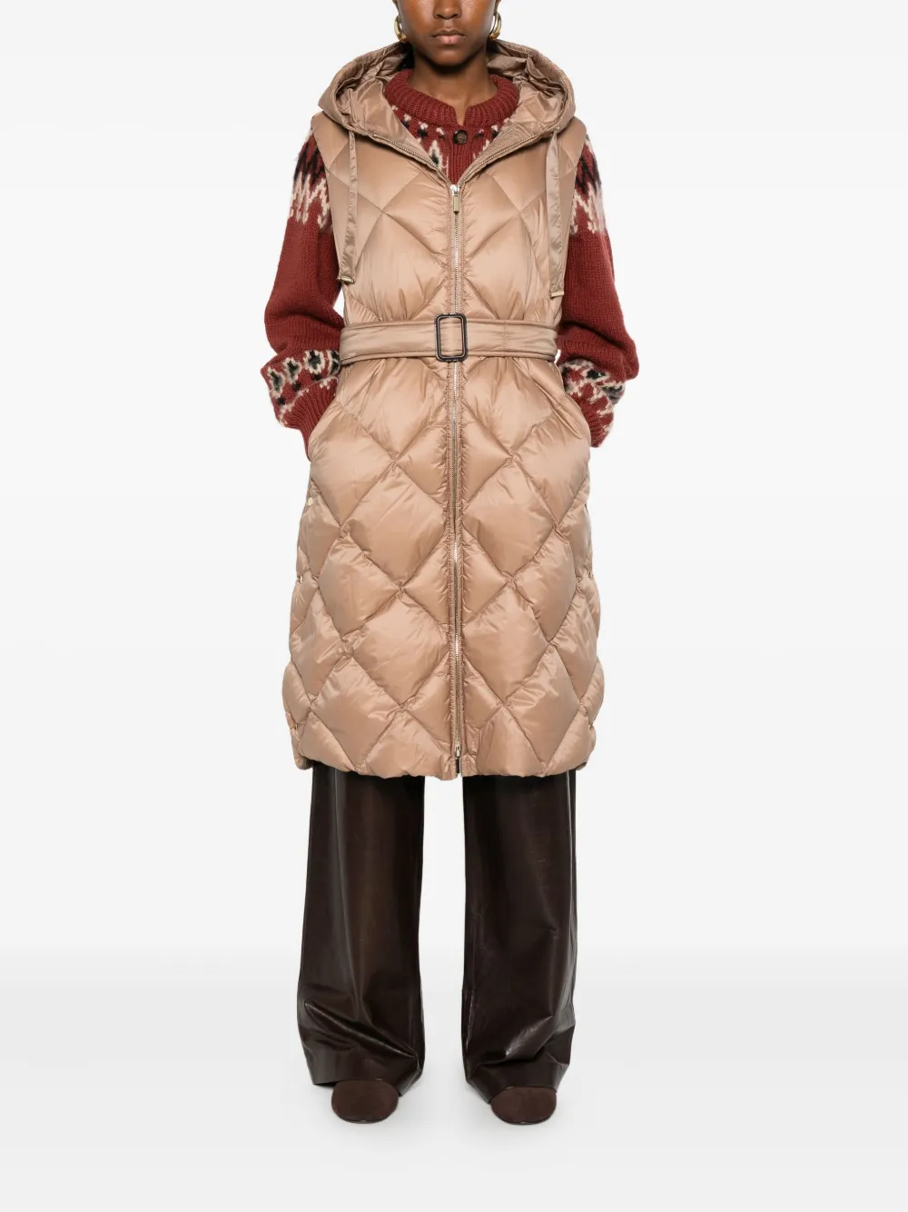 Стёганное пальто с поясом Max Mara, светло-коричневый — фото 2