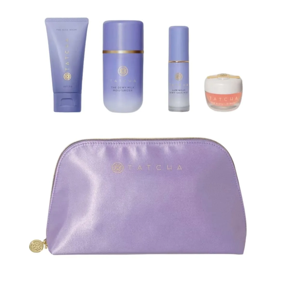 Любимые средства TATCHA Suni Lee для упругой кожи: увлажняющий крем Dewy Milk и маска для губ Kissu, а также дорожный набор для умывания с рисом и спрей для лица Dewy Skin Mist.
