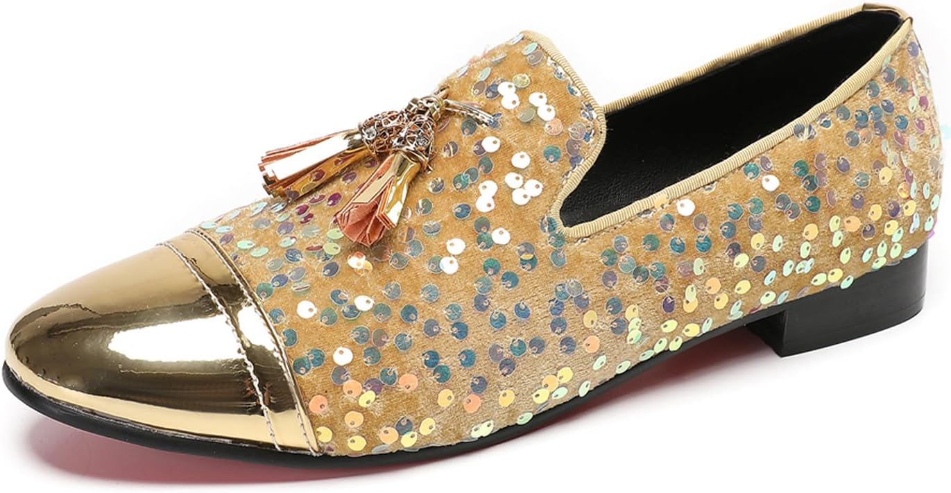 

Мужские слипоны Santimon, повседневные блестящие лоферы - настоящие кожаные мокасины в западном стиле с пайетками и кисточками для свадьбы и выпускного вечера, золотой