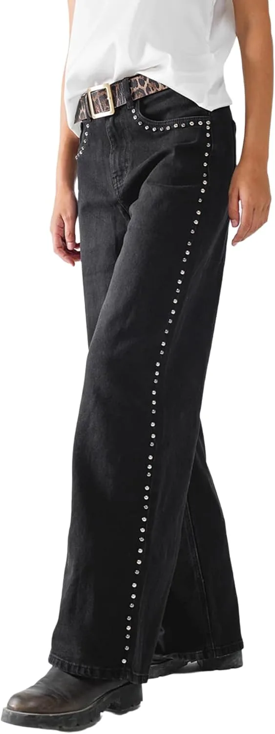 

Женские джинсы с высокой талией и прямыми штанинами, украшенные стразами YADMISU