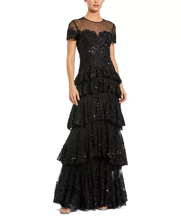 

Платье с короткими рукавами, многослойной сетчатой юбкой и декором. Mac Duggal, черный