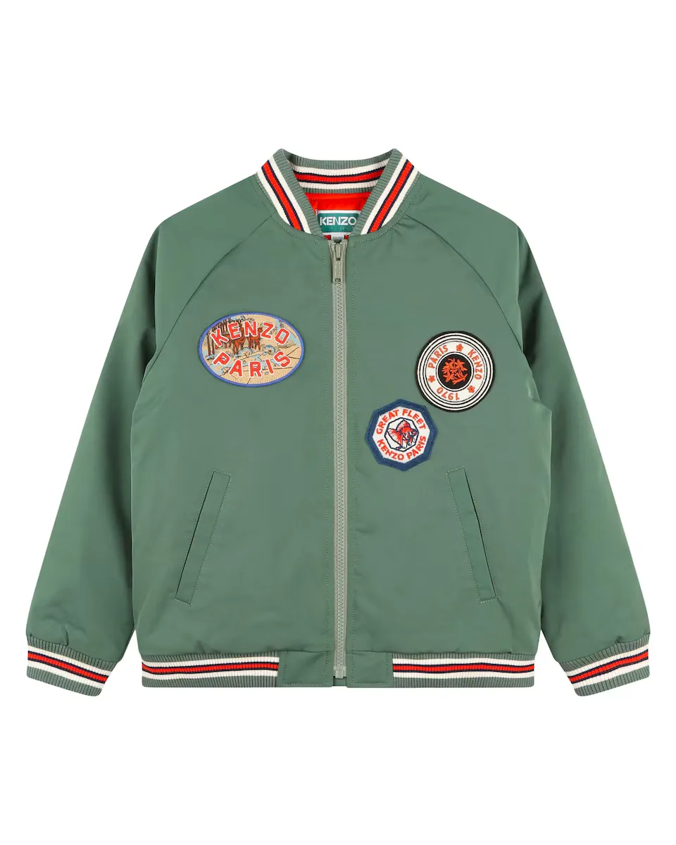 

Детская куртка-бомбер с молнией и логотипом на спине Kenzo Kids, цвет Verde Militar