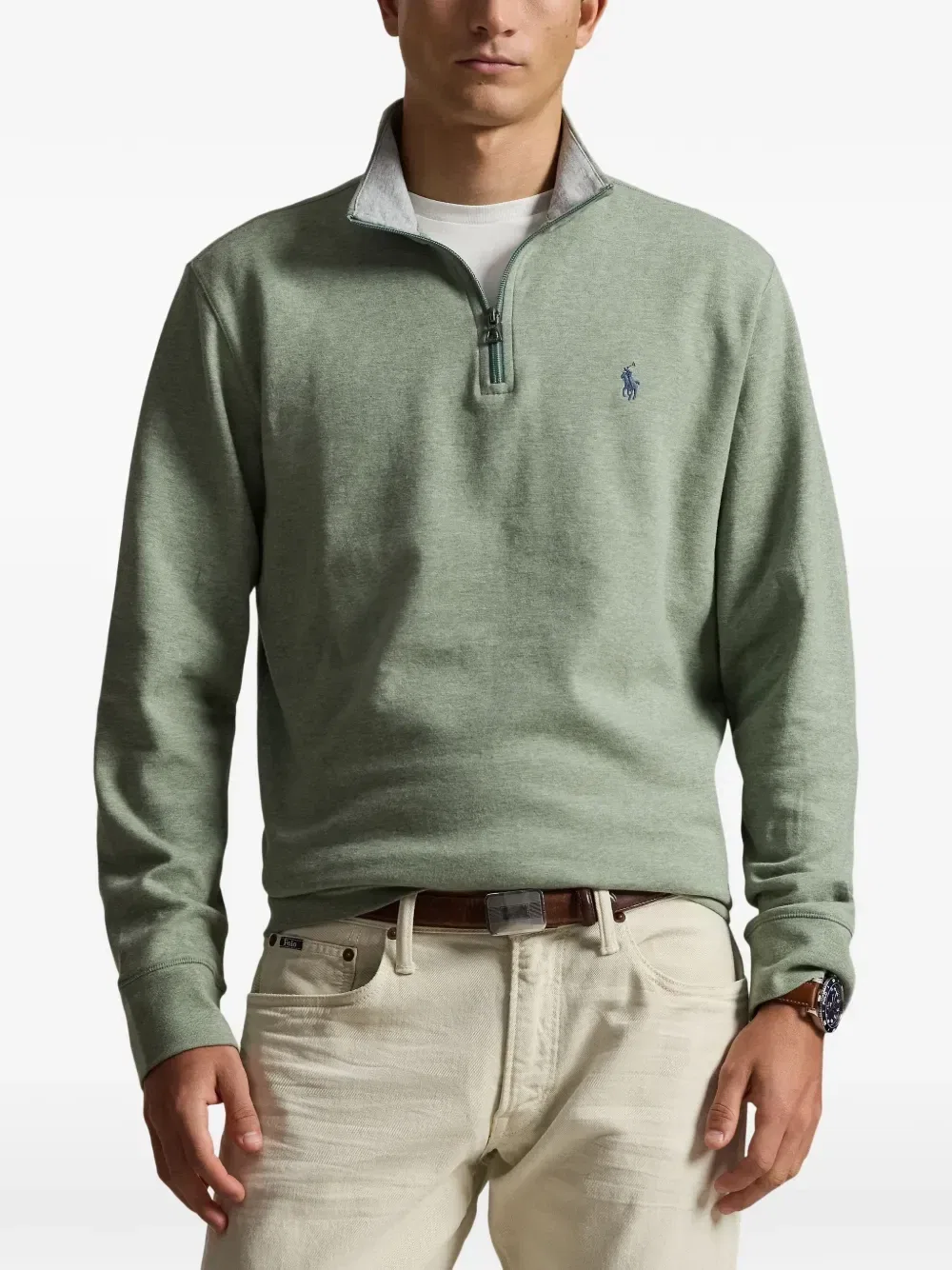Свитер Quarter-zip с вышитым логотипом POLO RALPH LAUREN, зеленый — фото 2