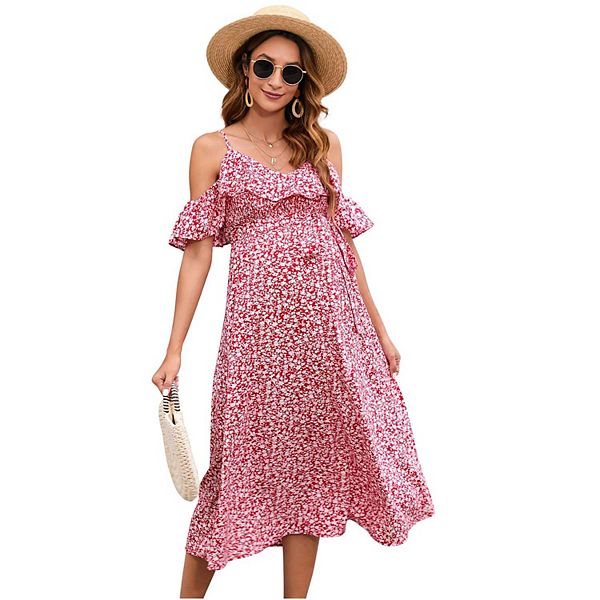 

Женское платье для беременных с цветочным принтом, рюшами, поясом и лямками-спагетти Yesfashion, Red