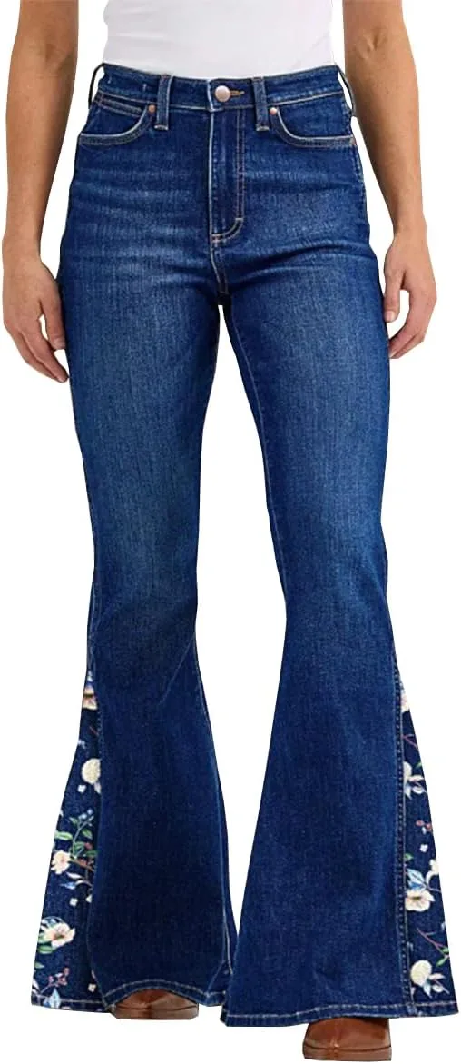 

Женские джинсы с высокой талией и расклешенным низом, эластичные, с цветочной вышивкой TACSTRUN