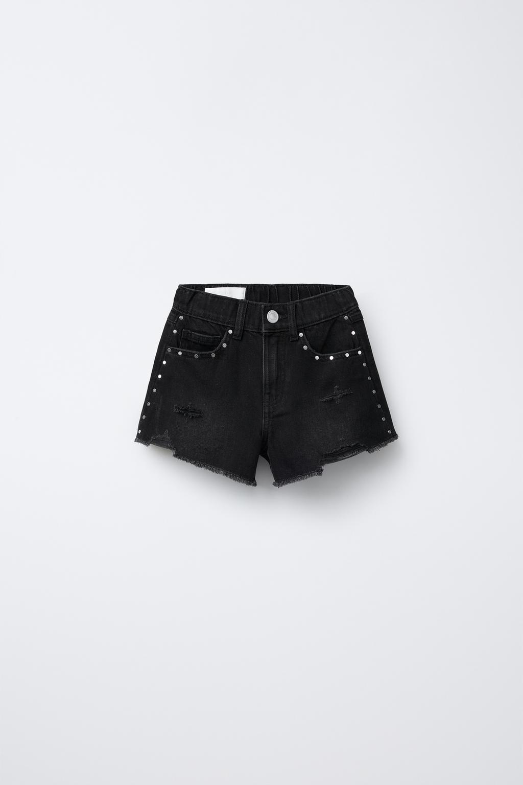 

Рваные джинсовые шорты-бермуды с шипами ZARA, черный