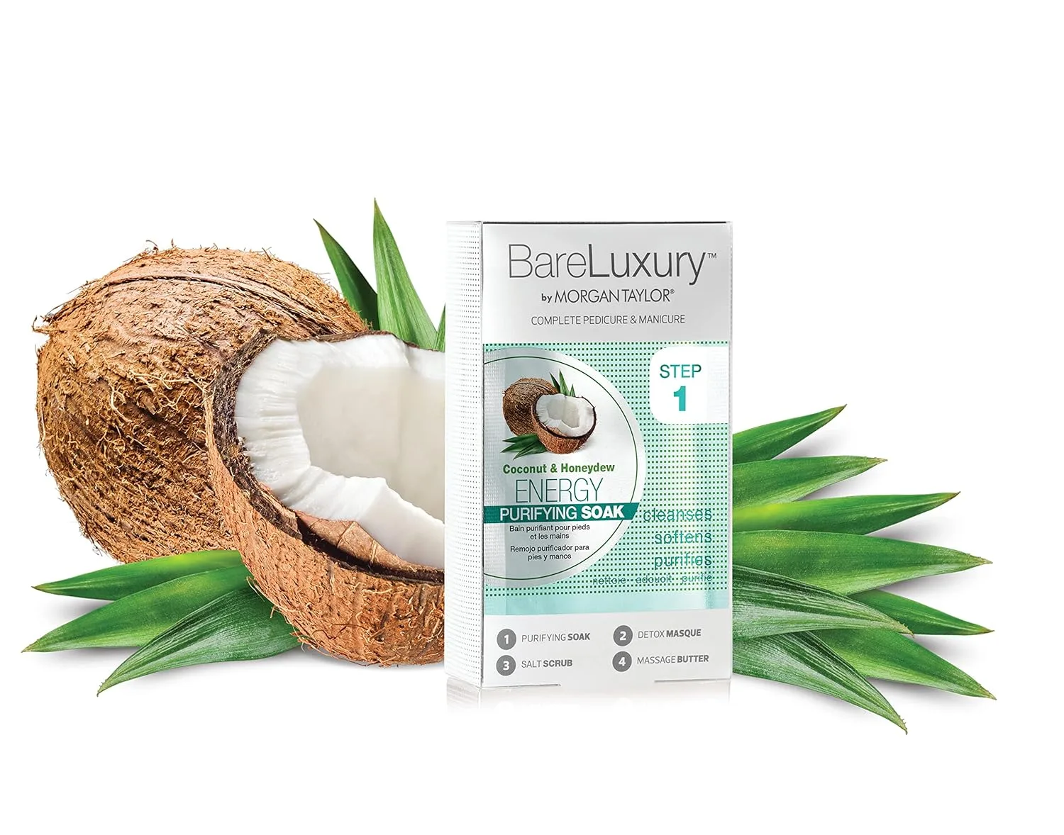 Morgan Taylor BareLuxury 4-шаговый набор для педикюра и маникюра - полный уход за ногтями с ванночкой, маской, скрабом и массажным маслом, профессиональные спа-процедуры (Energy Coconut & Honeydew) Энергия с кокосом и дыней