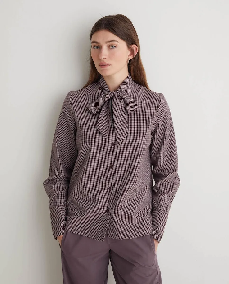 

Женская блузка с круглым вырезом, завязывающимся бантом и застежкой на пуговицы на манжетах Yerse, темно-коричневый