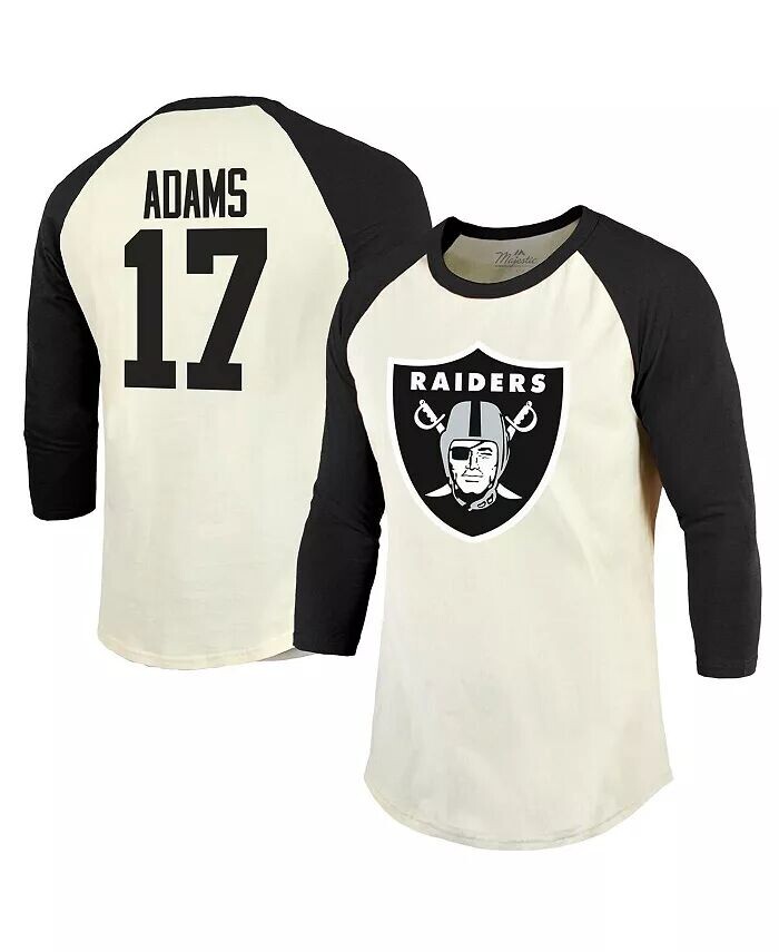 

Мужская футболка Threads Davante Adams Cream, Black Las Vegas Raiders с именем и номером игрока, рукав реглан 3/4 Majestic