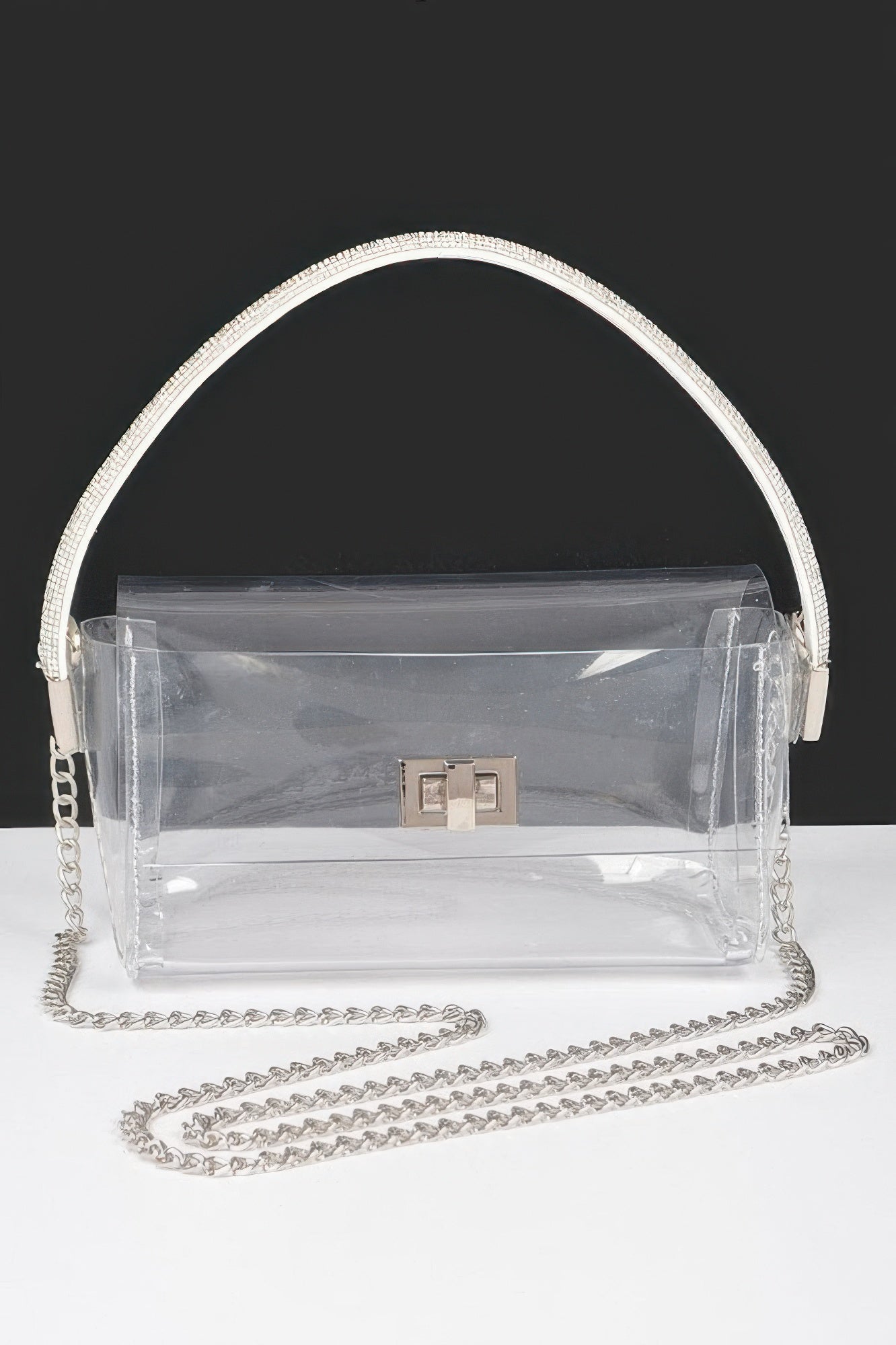 

Прозрачная сумка с клапаном и верхней ручкой, украшенная стразами FASHNZFAB, серебряный