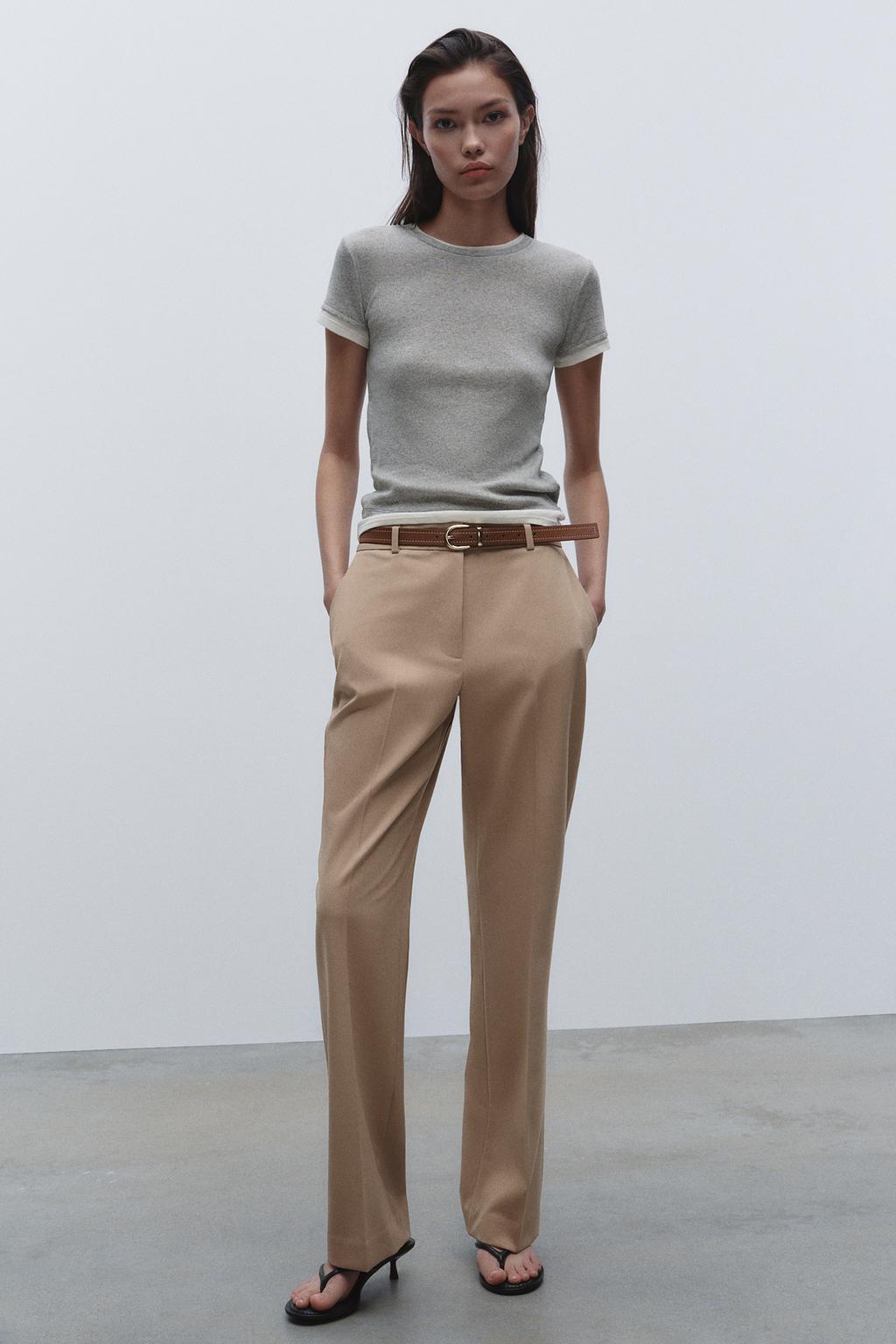 

Брюки прямого кроя с поясом ZARA, кэмел