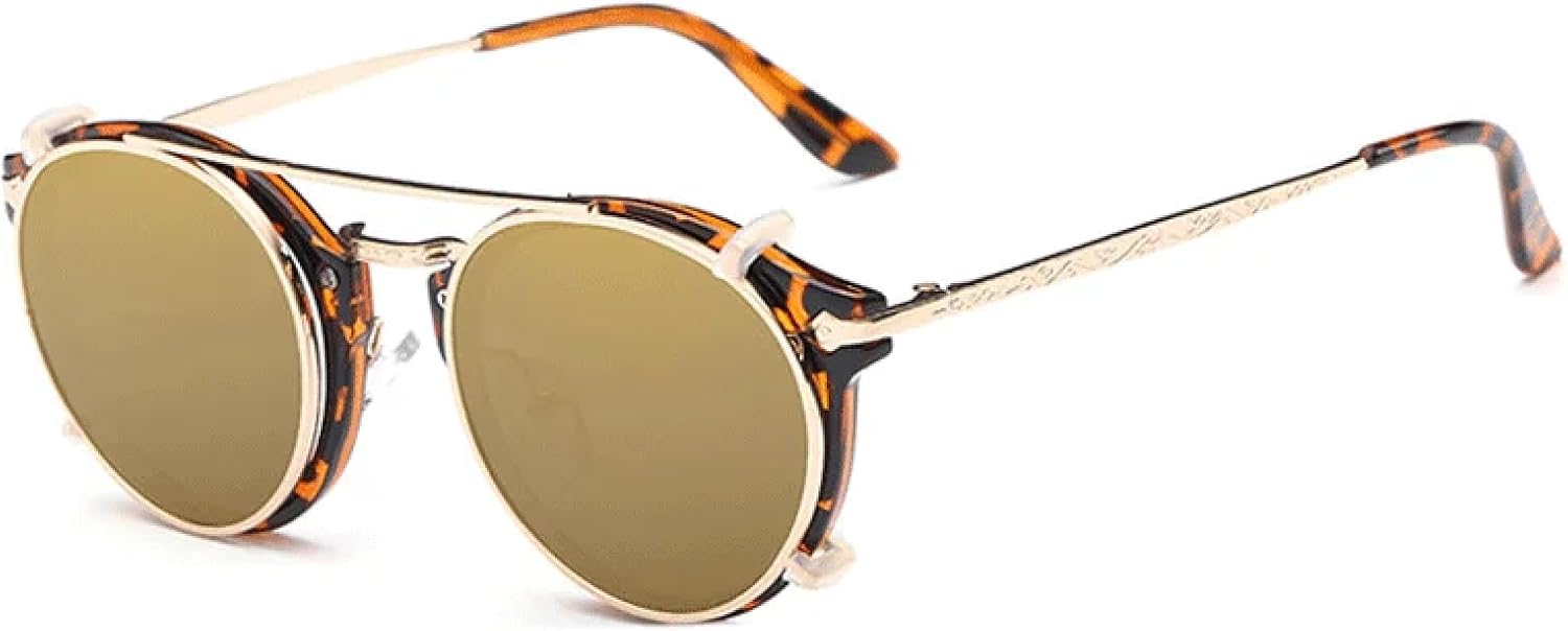 

Круглые солнцезащитные очки в стиле стимпанк для мужчин и женщин, двухслойные, со съемными линзами, отстегивающиеся линзы, прозрачные, с полыми дужками DSVIGF, Leopard Tea