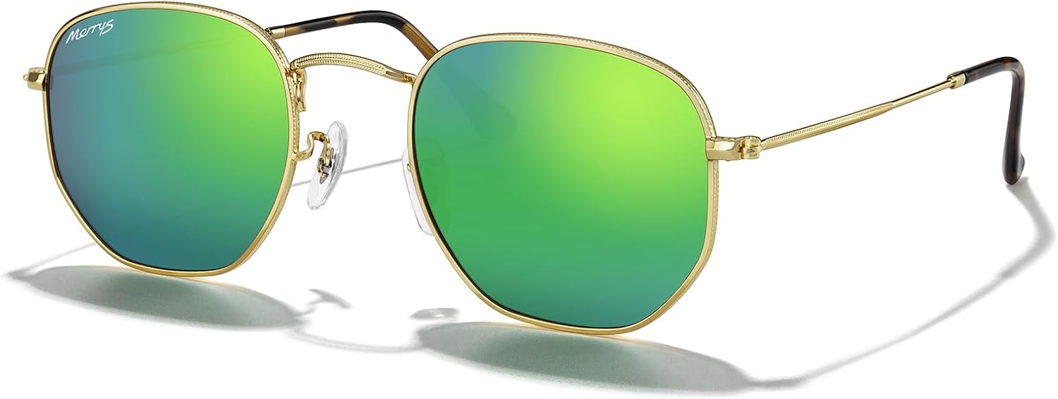 

Классические поляризованные солнцезащитные очки MERRY для женщин и мужчин, винтажные, многоугольные, квадратные, модель S6548 MERRY'S, Polished Gold Frame/Green Mirror Lens