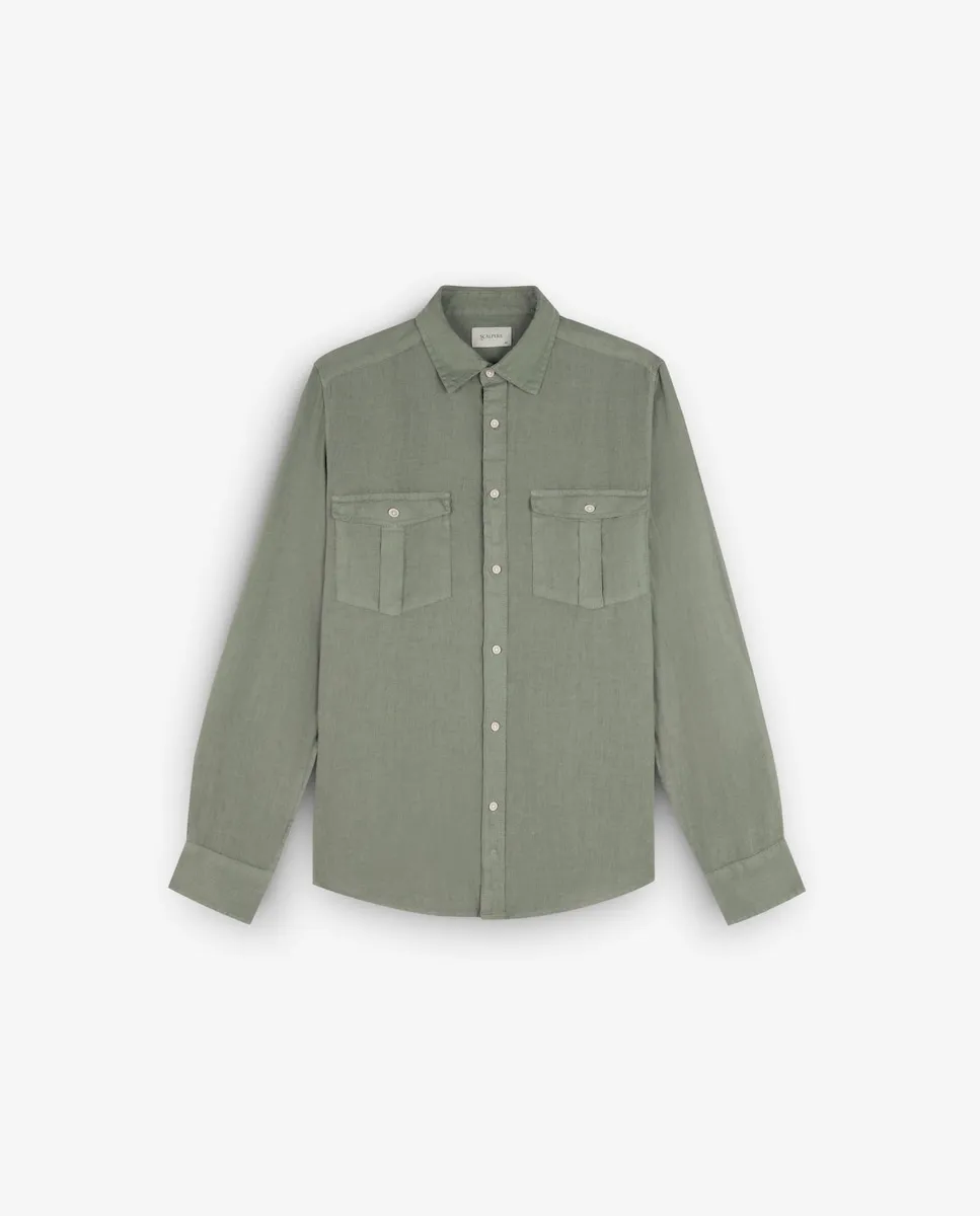 

Мужская льняная рубашка с длинными рукавами и карманами Scalpers, оливковый