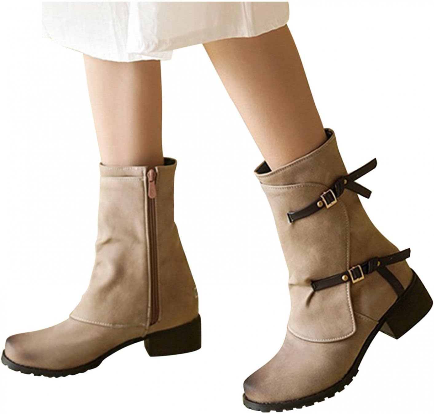 

Женские винтажные сапоги Hbeylia средней длины, бохо-ретро стиль, кожаная отделка с металлической пряжкой, бежевый