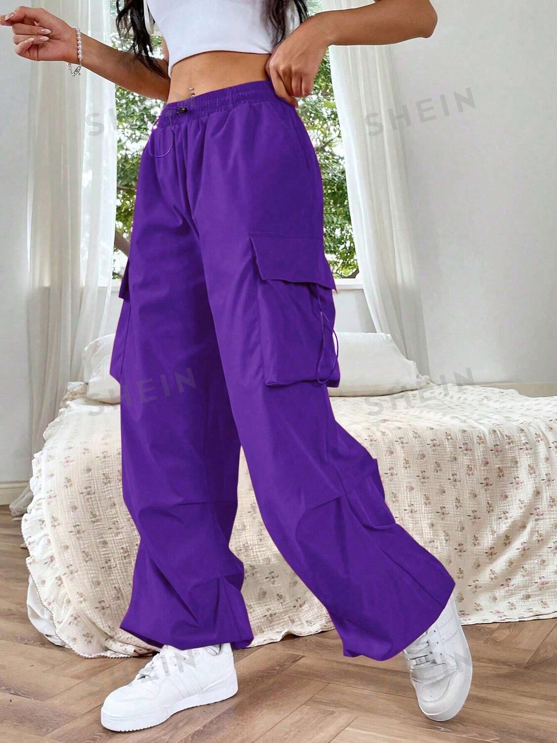 

EZwear Брюки с боковыми карманами и клапаном Шнурок на талии Shein, фиолетовый