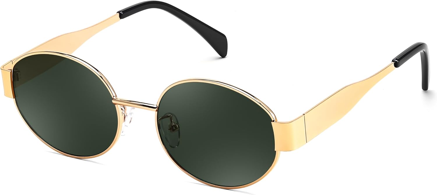 

FEISEDY Модные ретро-солнцезащитные очки овальной формы для женщин и мужчин, маленькая металлическая оправа, защита от УФ-излучения UV400, артикул B0124, Gold-blackish Green