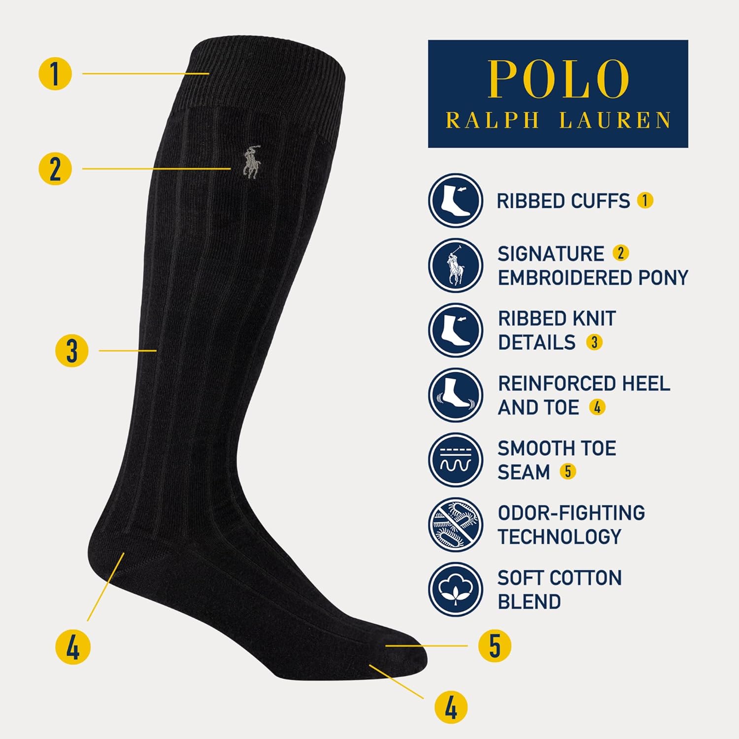 POLO RALPH LAUREN мужские мерсеризованные хлопковые ребристые классические носки Otc - набор из 3 пар - усиленный хлопок для комфорта, Black — фото 4