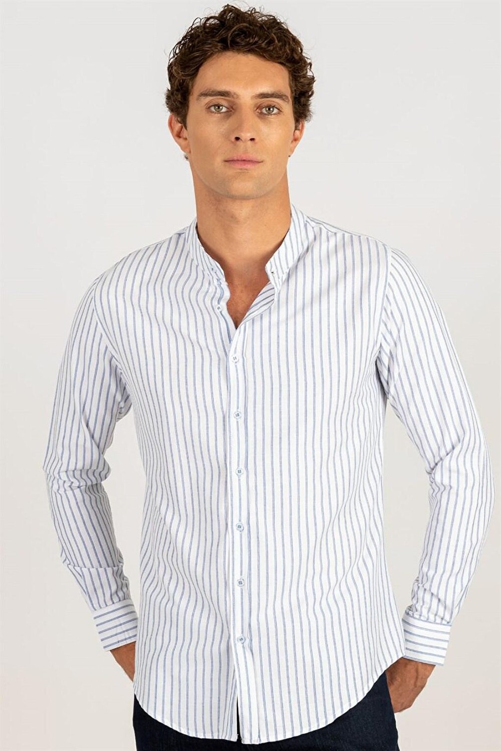 

Мужская рубашка с длинным рукавом и полосатым воротником Slim Fit TUDORS