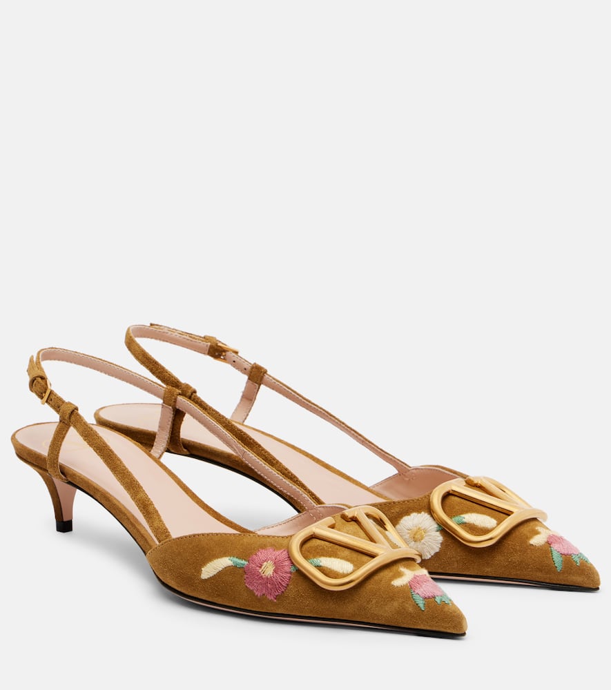 Туфли-лодочки VLogo 40 с вышивкой из замши на ремешке Valentino Garavani, Havana Beige/Multicolor