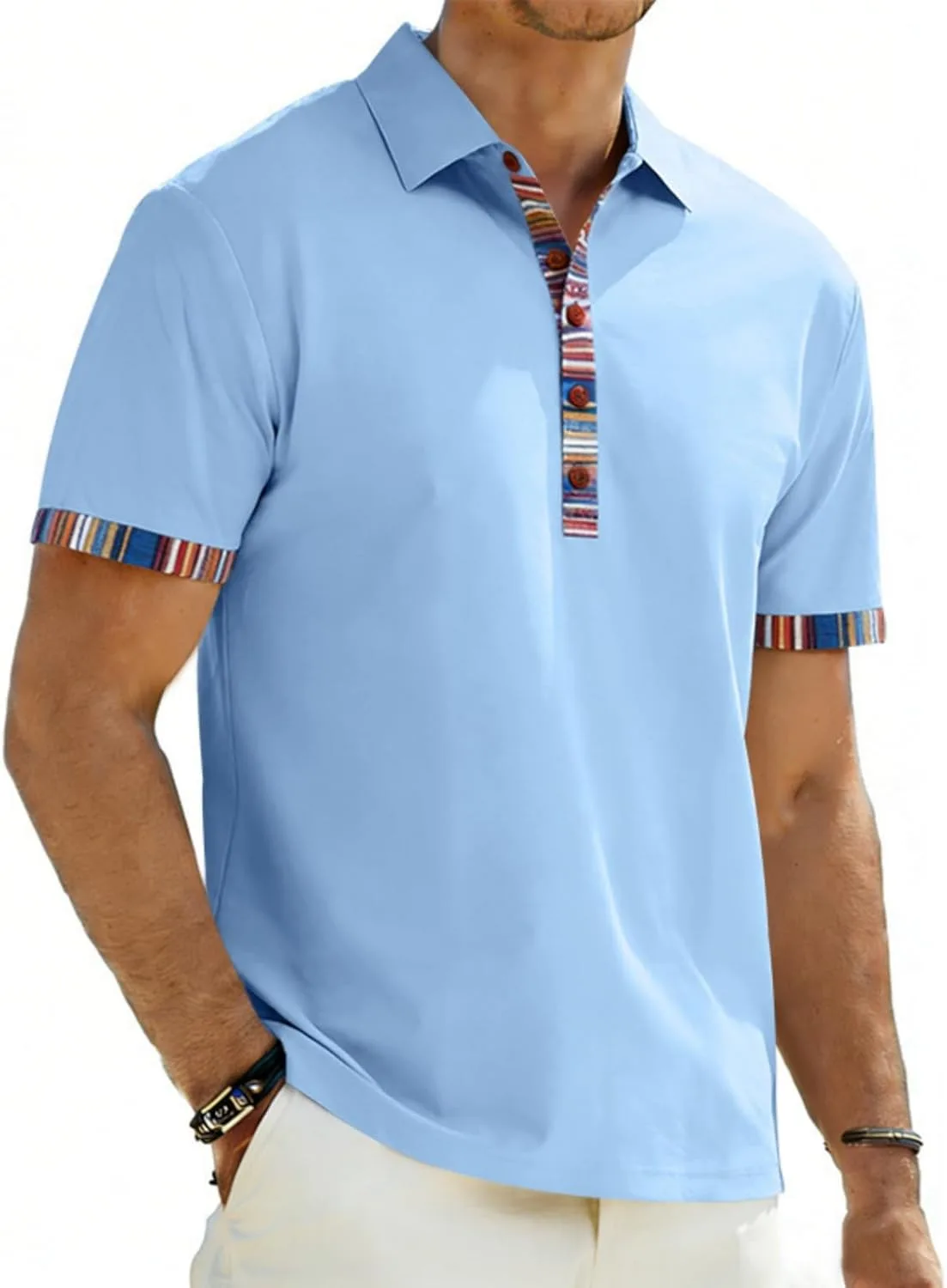 Футболка-поло для мужчин с коротким рукавом, цветной блок и полосой, slim fit