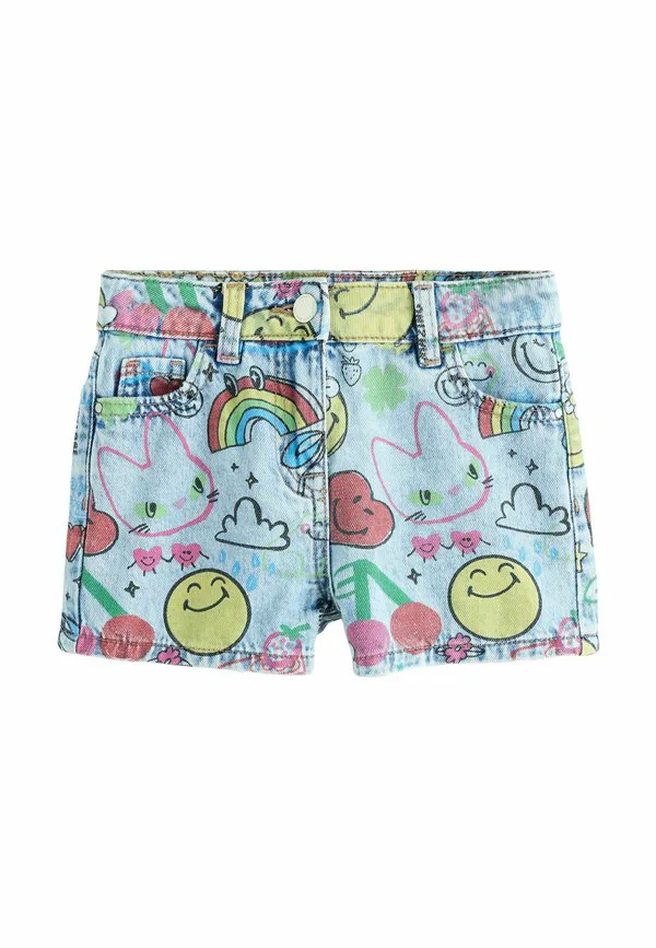 Джинсовые шорты прямого кроя с принтом «smileyworld» и граффити. Next, Mid Blue