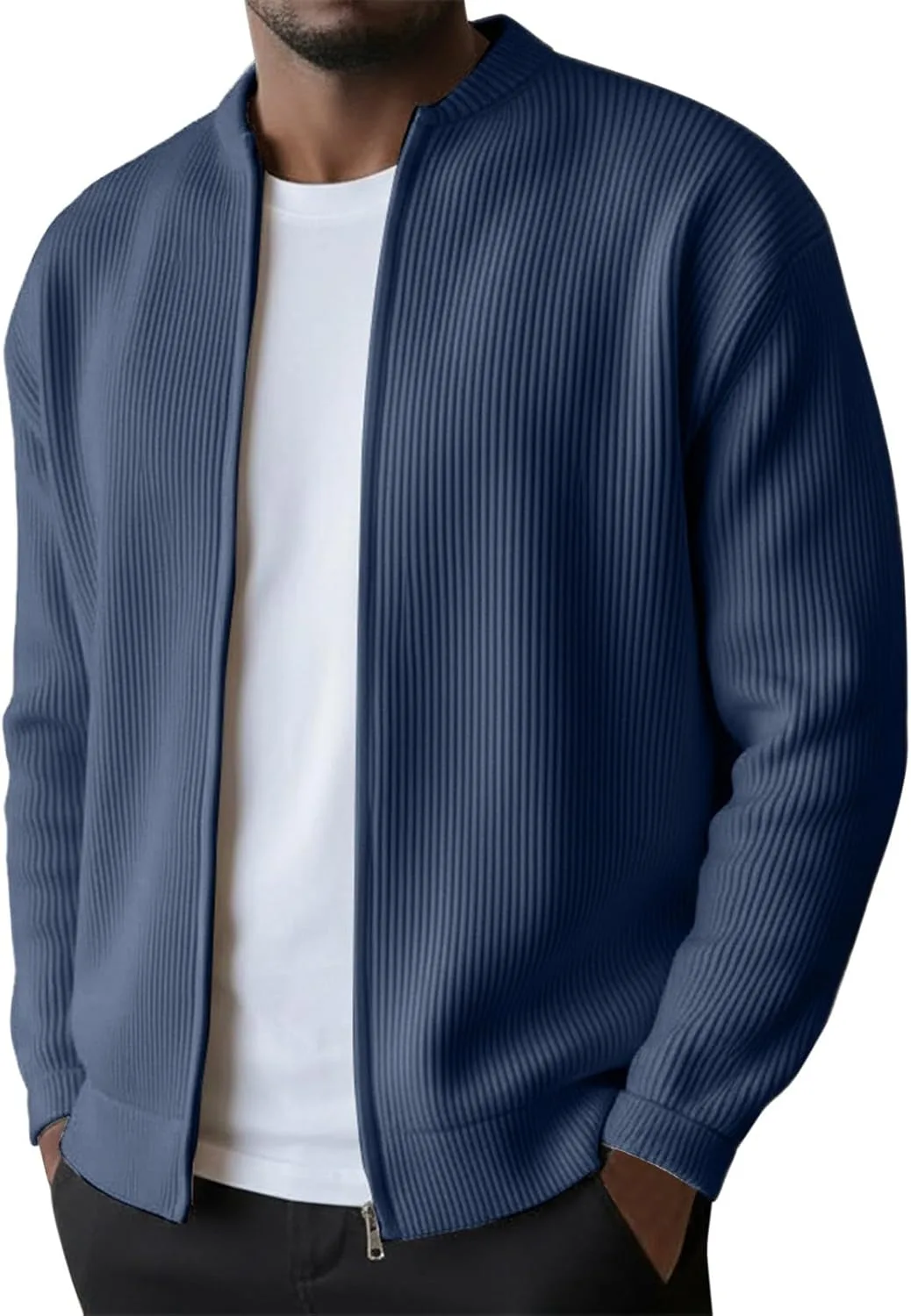 

Мужской кардиган на молнии с воротником стойкой, вязаный, утепленный