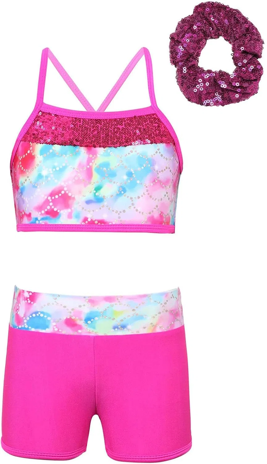 Детский спортивный комплект с топом и шортами Freebily, 3 предмета, Hot Pink
