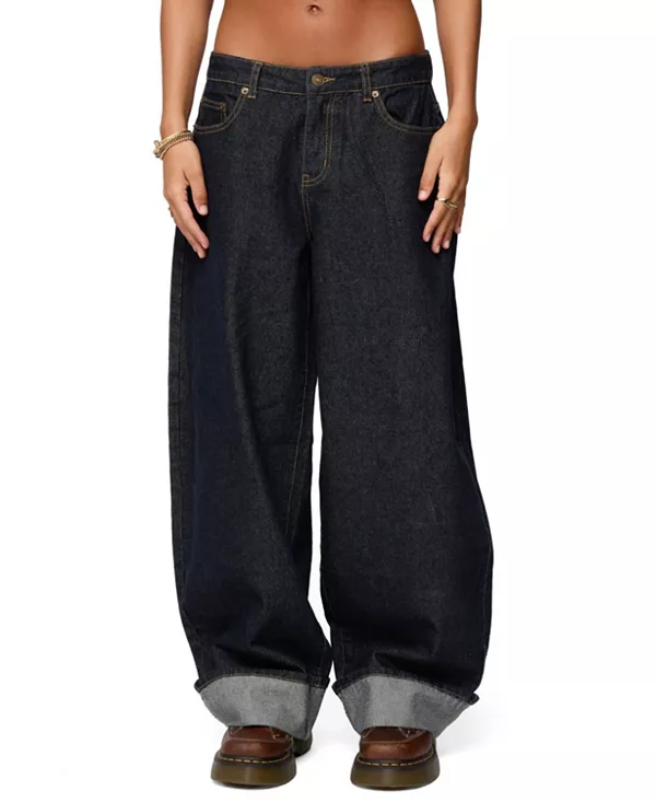 

Джинсы Kella Extra Oversized с низкой посадкой, темного цвета с эффектом потертости Edikted, синий