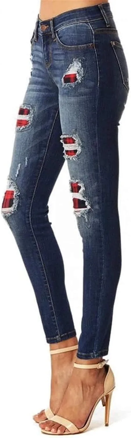Andongnywell женские джинсы с дырками, distressed, slim fit, stretchy, с рваными отверстиями и клетчатыми заплатками — фото 3