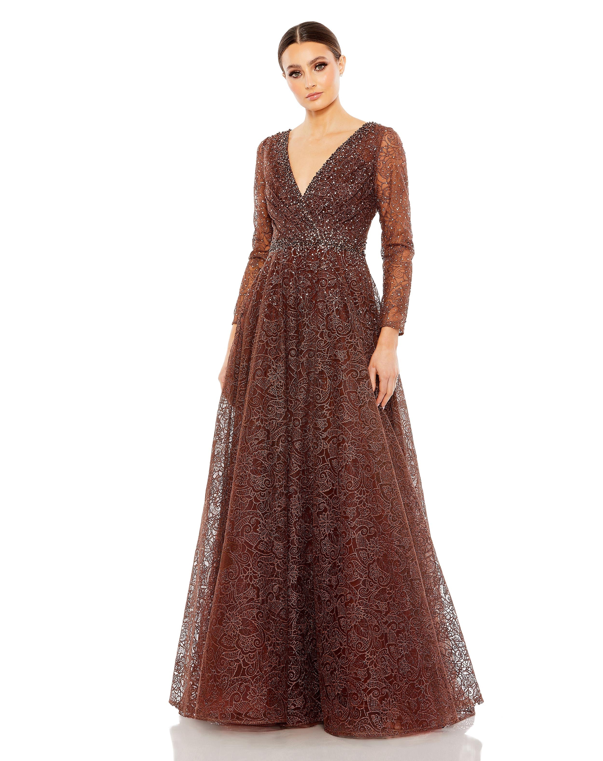 

Украшенное Иллюзионное Длинное Платье с V-образным вырезом и Рукавами Mac Duggal, цвет chocolate