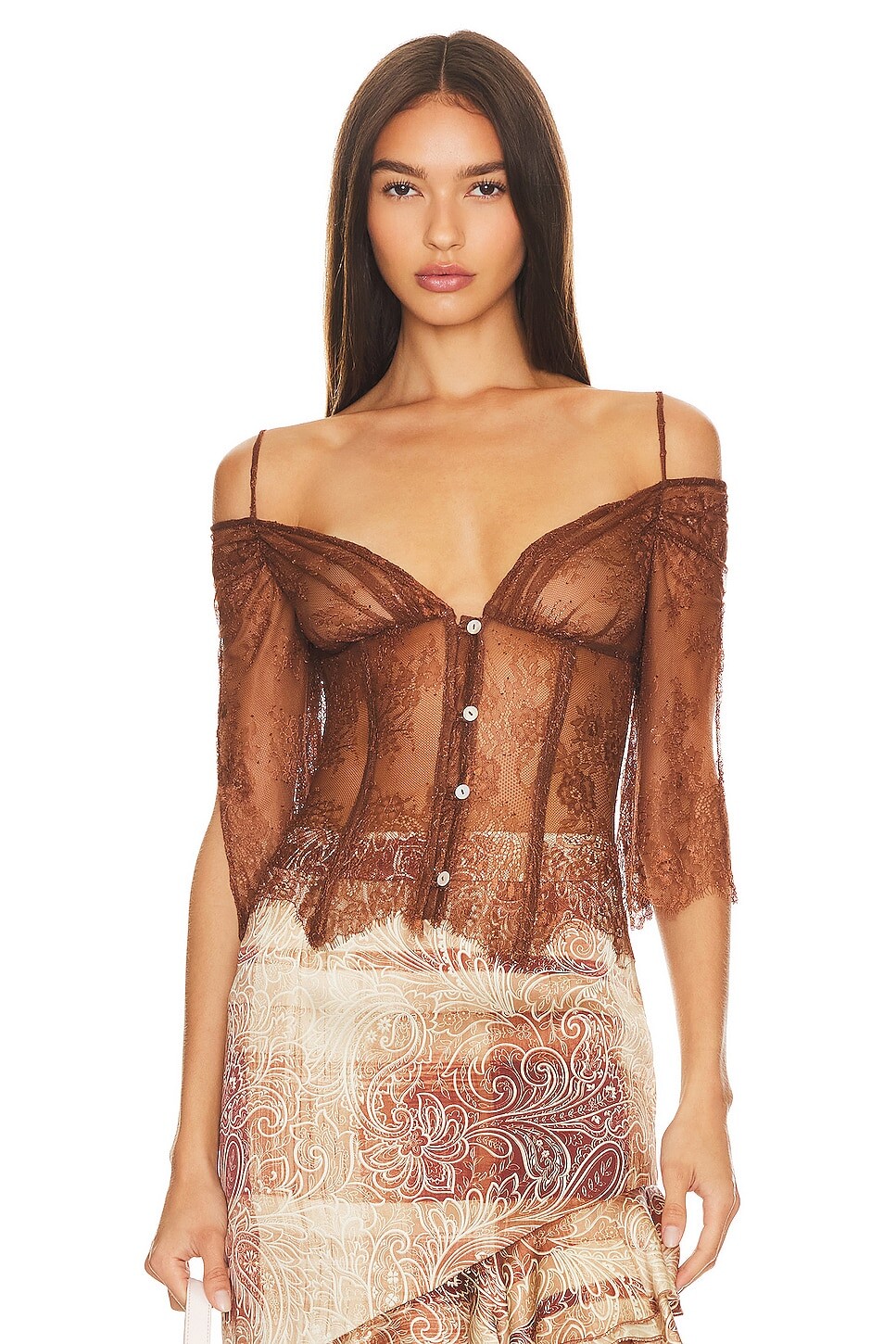 

Топ Kim Shui Lace Off Shoulder, коричневый
