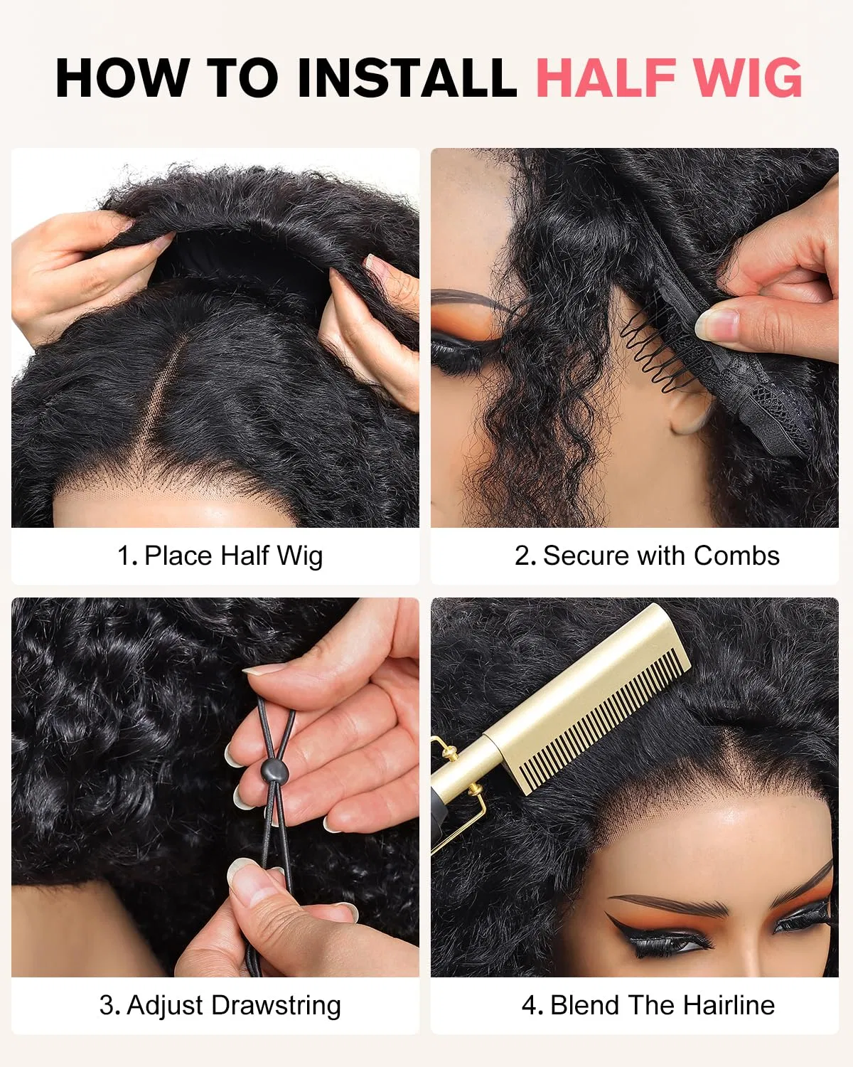 Парик из натуральных волос 3-в-1 Kinky Curly 200 Density 16 дюймов Alionly, #1B Black — фото 3