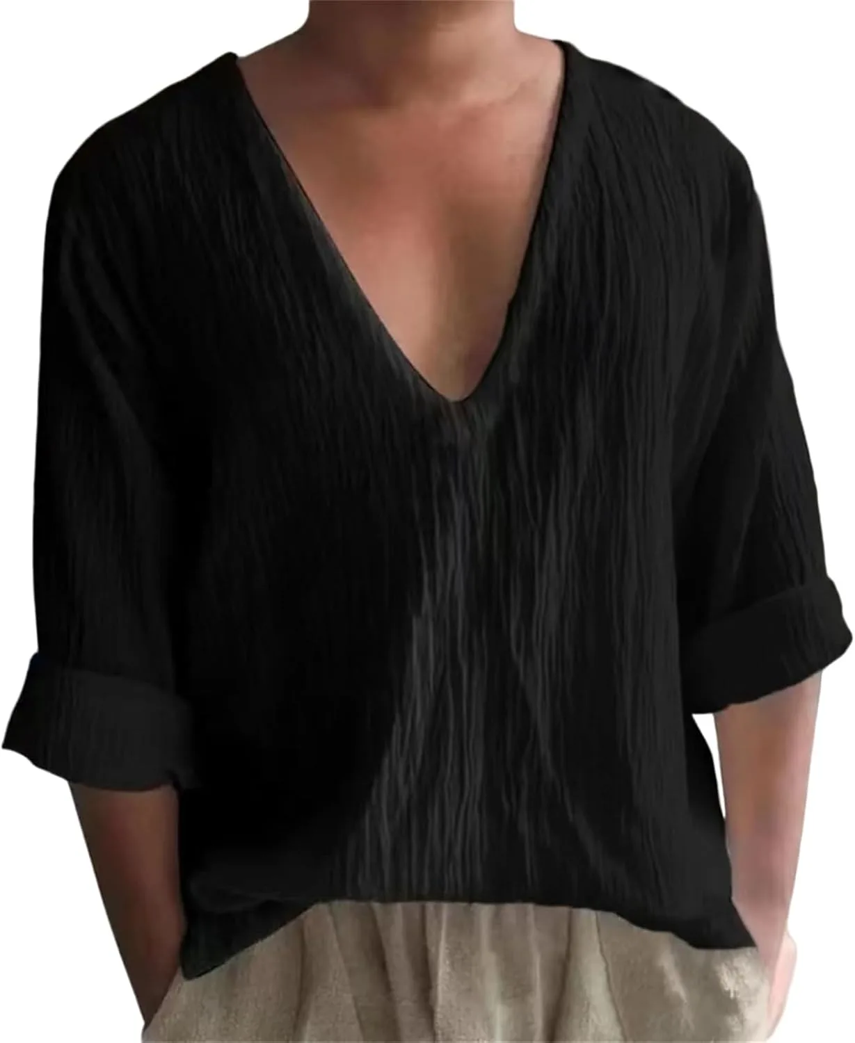 

Мужская хлопковая льняная рубашка с длинным рукавом и глубоким V-вырезом KGKQHKQ