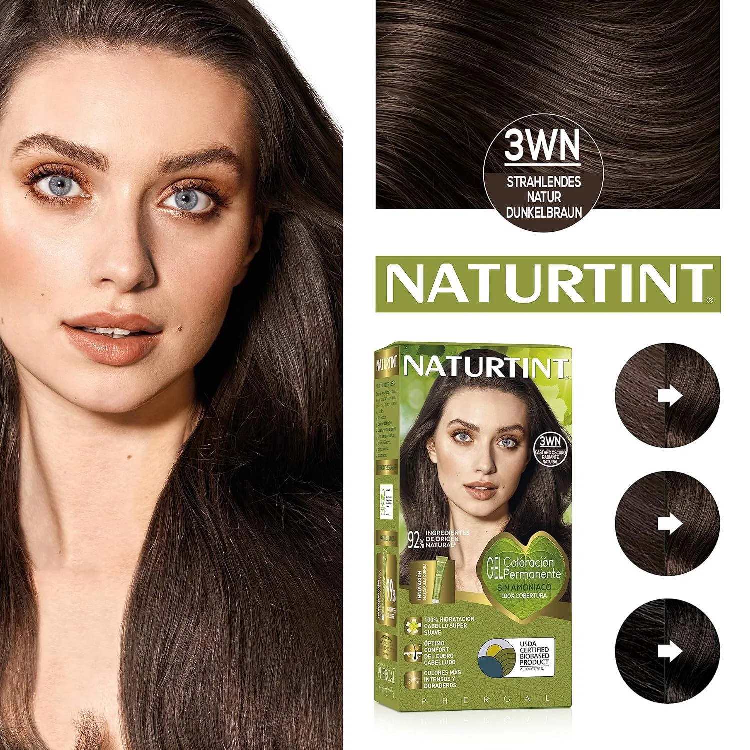 Краска для волос без аммиака Naturtint Biobased 3WN «Натуральный темно-коричневый», 510 мл (3 шт.) Naturtint, 3Wn. Radiant Natural Dark Brown — фото 2