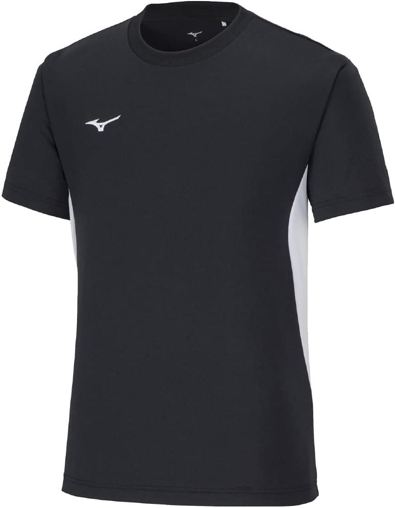 

Мужская тренировочная футболка MIZUNO NaviDry с коротким рукавом, U-образным вырезом, влагоотводящая, быстросохнущая, размер 32MAA190, черно-белый