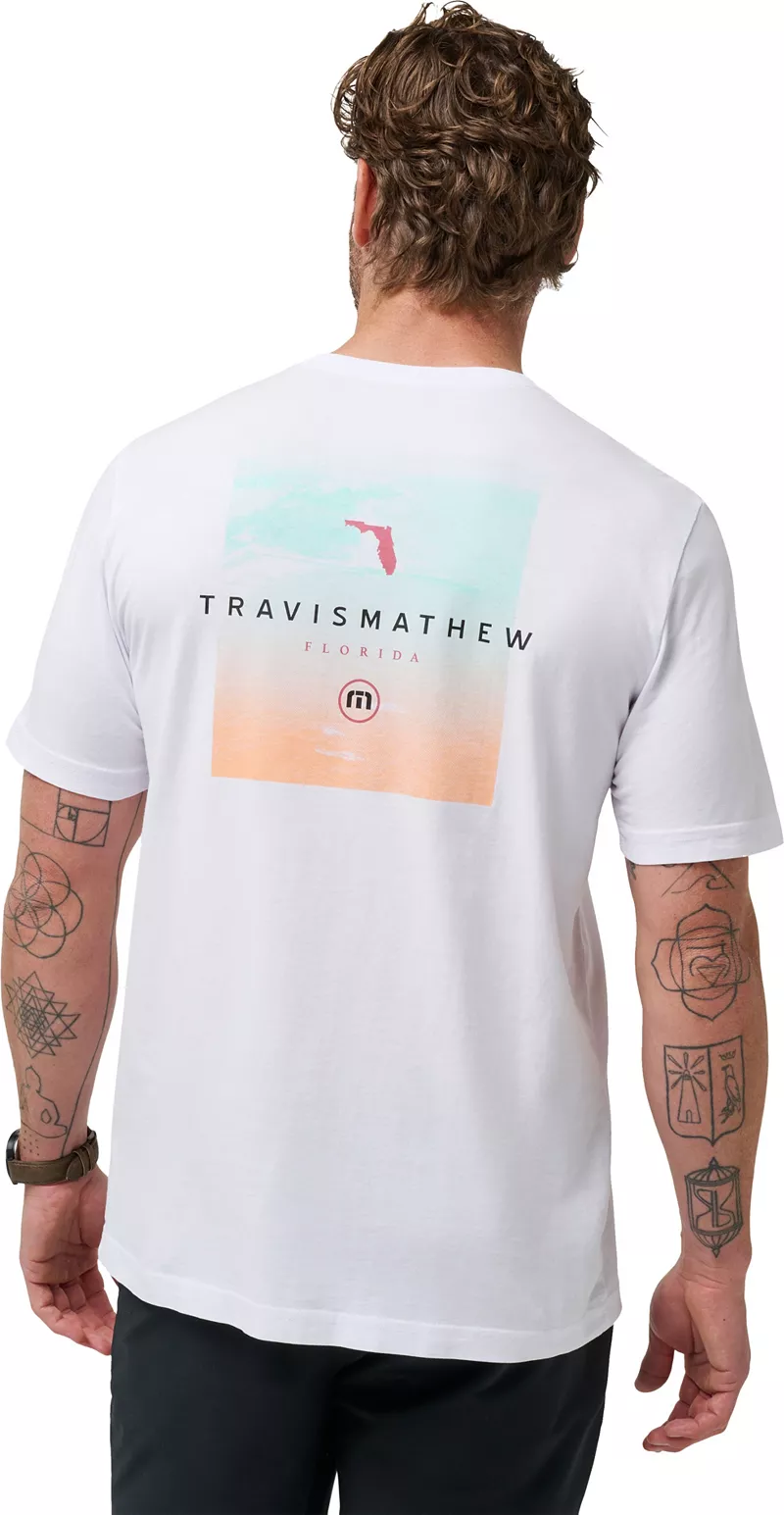 

Мужская футболка для гольфа TravisMathew в полоску с рисунком штата Флорида, белый