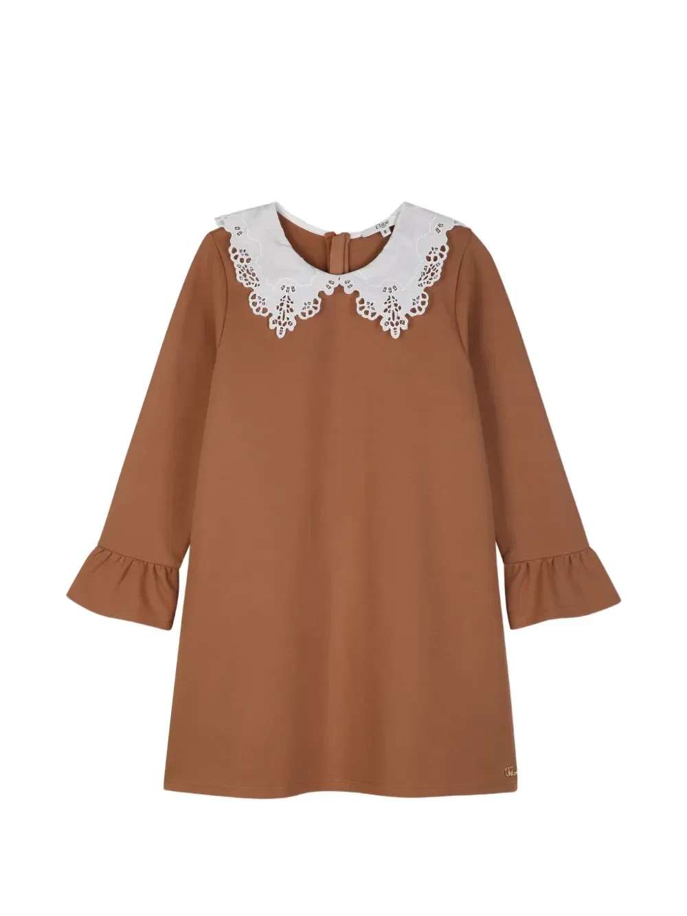 Платье с кружевным воротником и оборками на рукавах Chloé Kids, бежевый