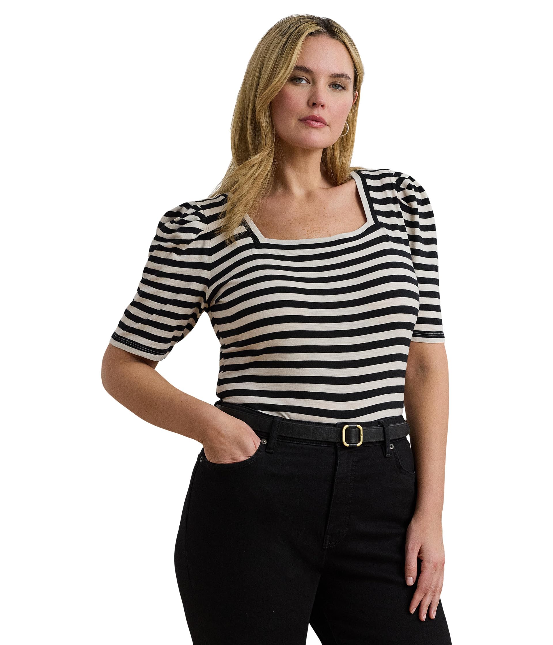 

Футболка Lauren Ralph Lauren Plus Size Striped Cotton Jersey Puff-Sleeve Tee, Black/Mascarpone Cream