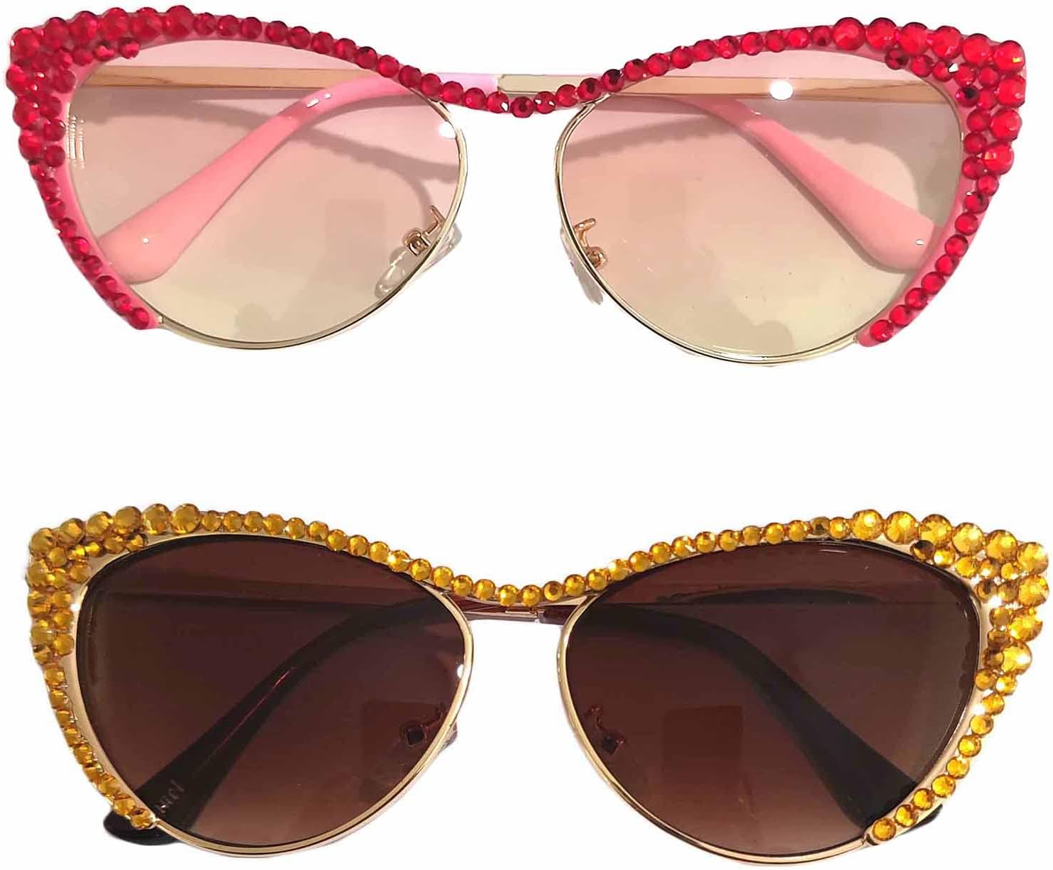 

Солнцезащитные очки Willochra в маленькой оправе «кошачий глаз» с кристальной оправой и блестящими бриллиантами для женщин, винтажные, со стразами, для вечеринки, 2pcs-red&brown